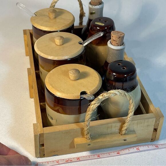 Vintage Table top relish condiments set with wooden caddy by Le Gran imports - Picture 8 of 15